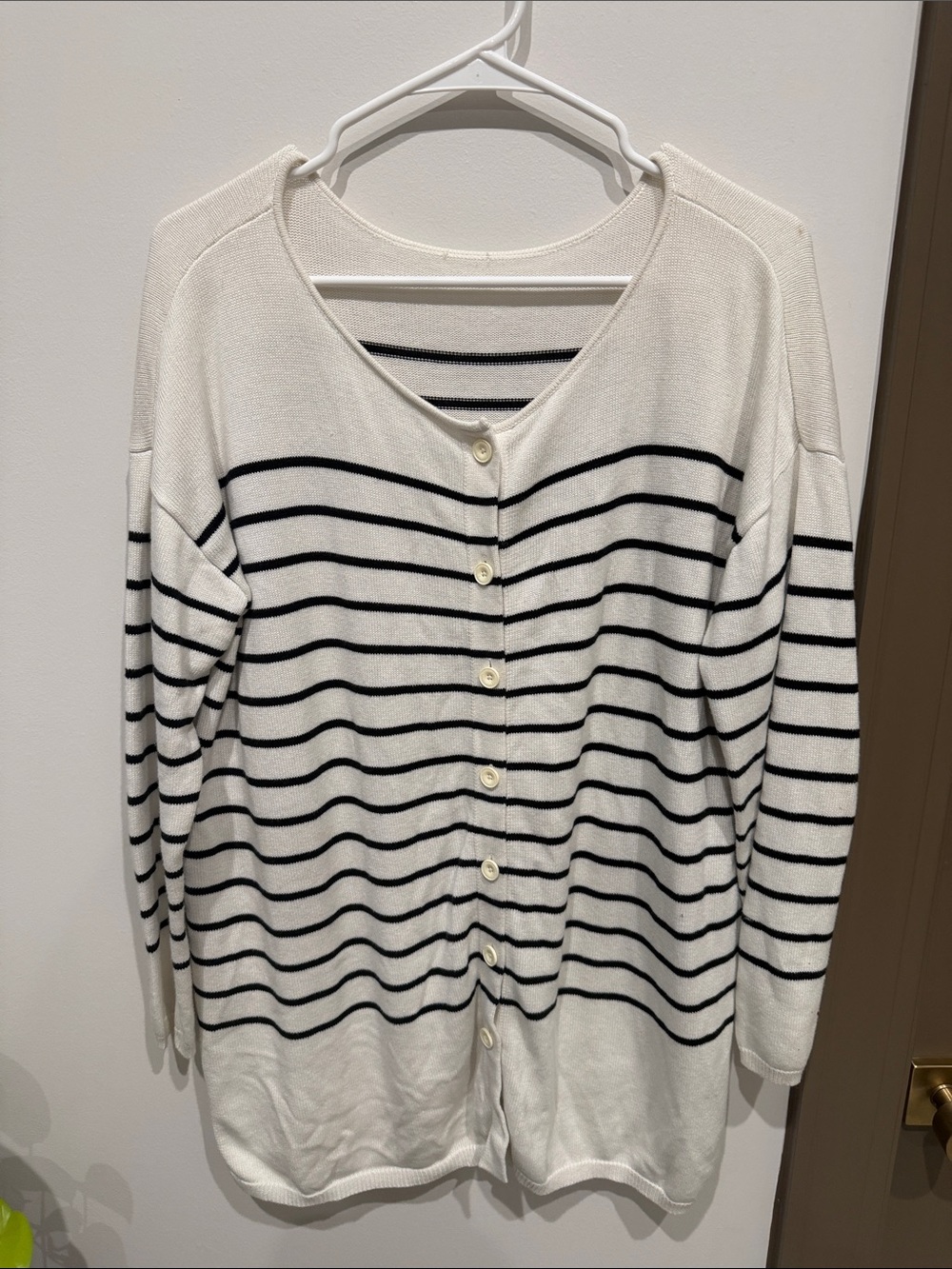 Striped Button-Front White and Black Women's Sweater Cardigan